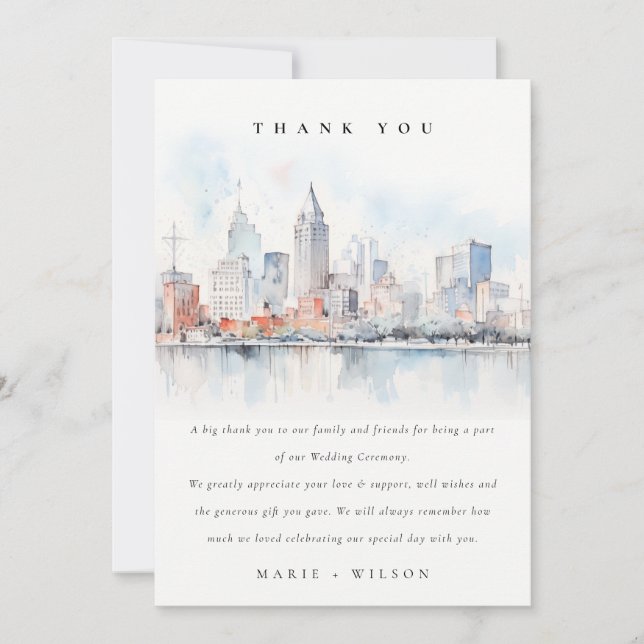 Tarjeta De Agradecimiento Detroit Michigan Watercolor Landscape Wedding (Anverso)