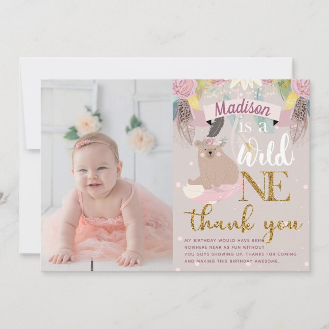 Tarjeta De Agradecimiento Día de cumpleaños de Wild One Chica Gracias (Anverso)