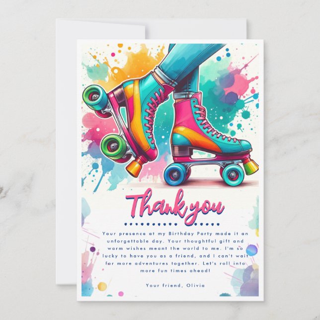 Tarjeta De Agradecimiento Día de cumpleaños del Patinaje Retro Roller (Anverso)