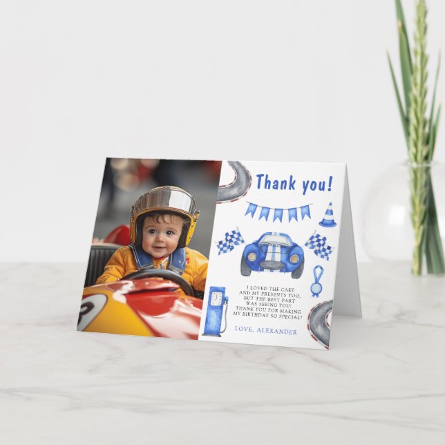 Tarjeta De Agradecimiento Día de cumpleaños número uno de carreras de autos  (Anverso)