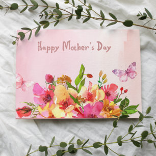 Tarjeta De Agradecimiento Día de la Madre Flores de Acuarela con Mariposas