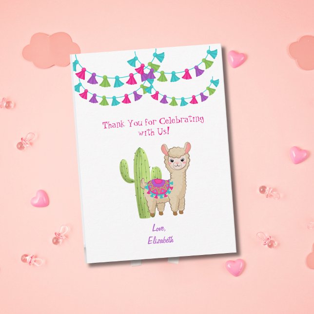 Tarjeta De Agradecimiento Día de nacimiento del niño de la cactus púrpura ro (Llama and Cactus Child's birthday thank you card.)