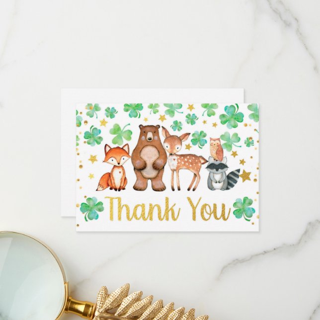 Tarjeta De Agradecimiento Día de San Patricio Shamrock Woodland Baby Shower (Anverso/Reverso In Situ)