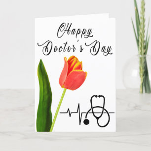 Tarjeta De Agradecimiento Día del médico Tulipán Naranja Elegante y estetosc