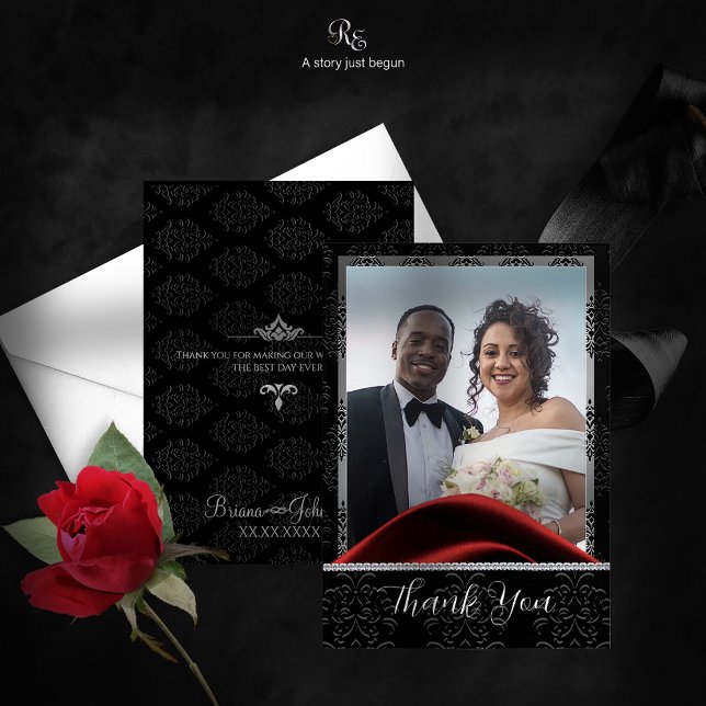Tarjeta De Agradecimiento Diamante de los lazos negros (Black Tie Diamond Thank You Card front and back view showcasing luxe design and customizable photo.)