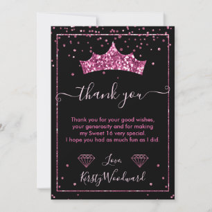 Tarjeta De Agradecimiento Diamante Rosa Confetti Tiara Sweet 16