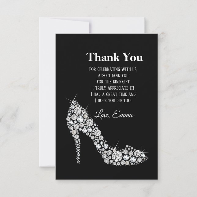 Tarjeta De Agradecimiento diamante tacones altos purpurina elegante gracias (Anverso)