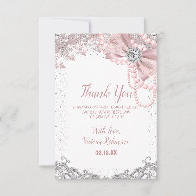Tarjeta De Agradecimiento Diamond Pearl Rubor Pink Girly Elegly Baby Shower (Anverso)
