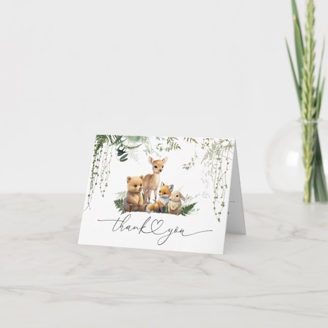 Tarjeta De Agradecimiento Diapé Baby Shower neutro para animales de Woodland (Anverso)