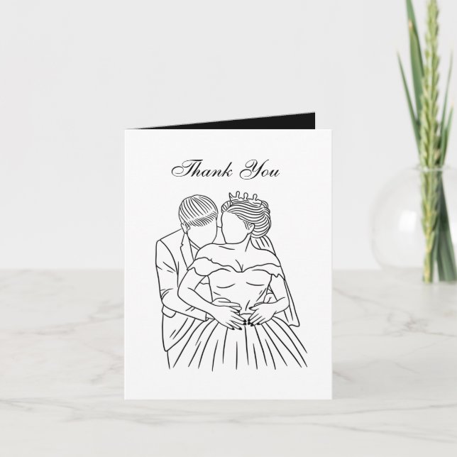 Tarjeta De Agradecimiento dibujo de línea elegante Bride Groom (Anverso)