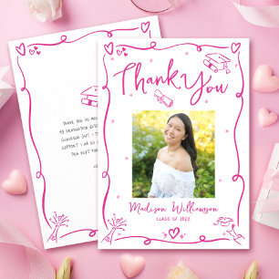 Tarjeta De Agradecimiento Dibujos a Mano Rosa Foto Graduado Blanco Retro