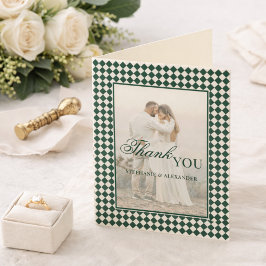 Tarjeta De Agradecimiento Dinero Antiguo Cuadros Verdes Foto Boda Plegada