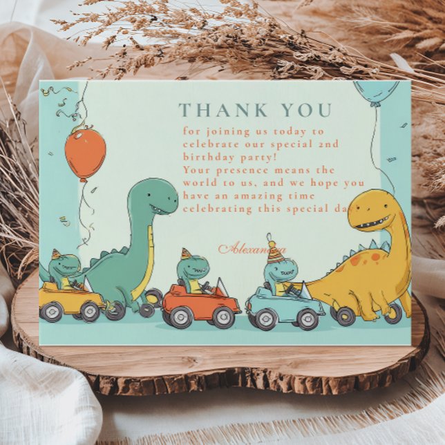 Tarjeta De Agradecimiento Dinosaur Race Car 2º cumpleaños (Subido por el creador)
