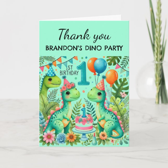 Tarjeta De Agradecimiento Dinosaurio 1.ᵉʳ Fiesta Boy Dino Cute (Anverso)