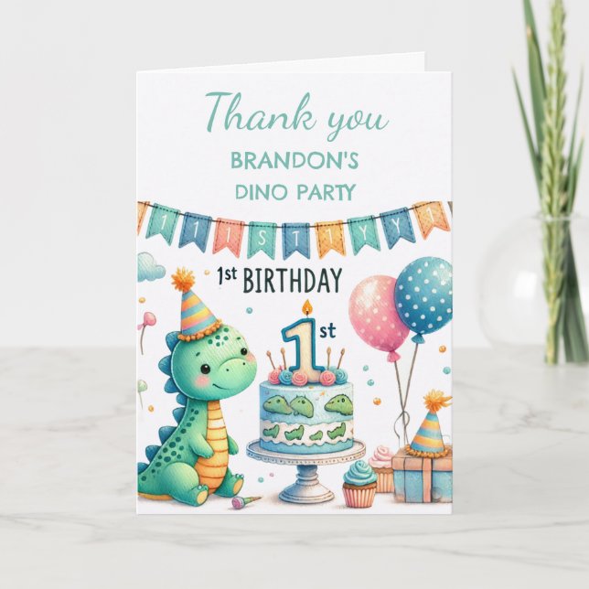 Tarjeta De Agradecimiento Dinosaurio 1.ᵉʳ Fiesta Boy Dino Cute (Anverso)