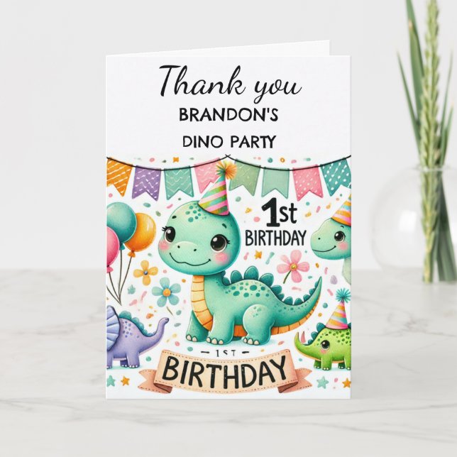Tarjeta De Agradecimiento Dinosaurio 1.ᵉʳ Fiesta Boy Dino Cute (Anverso)