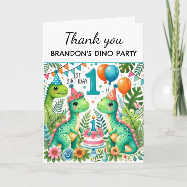 Tarjeta De Agradecimiento Dinosaurio 1.ᵉʳ Fiesta Boy Dino Cute (Anverso)