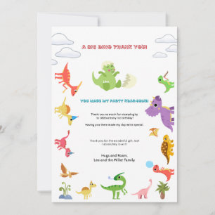 Tarjeta De Agradecimiento Dinosaurio / Cumpleaños de niño con Dino lindo Gra