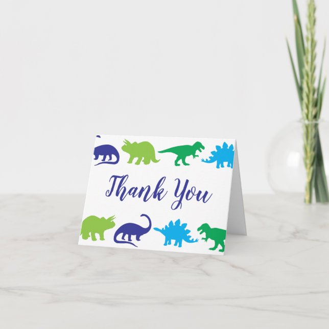 Tarjeta De Agradecimiento Dinosaurio lindo Baby Shower Dino Blue and Green B (Anverso)