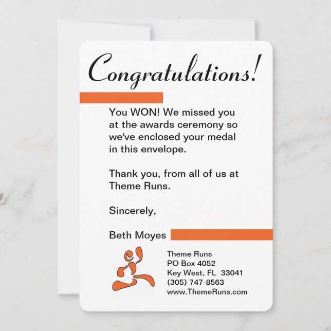 Tarjeta De Agradecimiento Director de la raza - letra del ganador de medalla (Anverso)