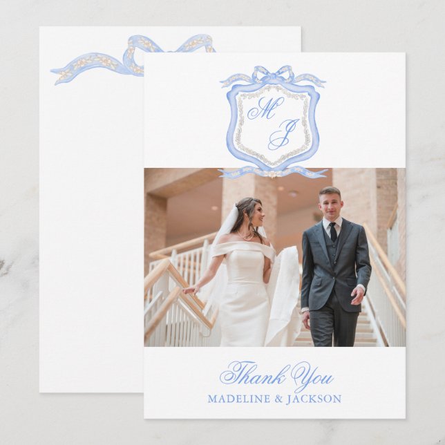 Tarjeta De Agradecimiento Diseñador de Acuarela Monograma Azul Foto (Anverso / Reverso)