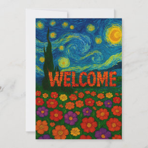Tarjeta De Agradecimiento Diseño Artístico Floral Noche Estrellada de Bienve