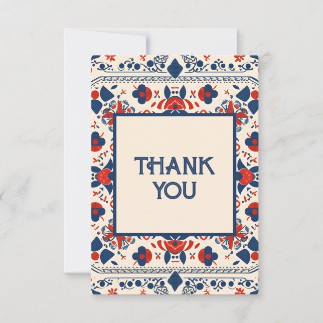 Tarjeta De Agradecimiento Diseño de arte folclórico boho rojo blanco y azul (Anverso)