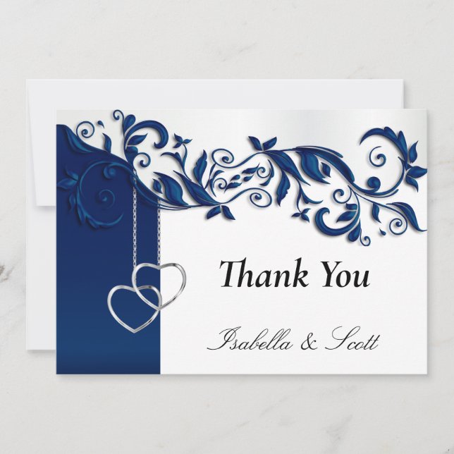Tarjeta De Agradecimiento Diseño de Boda floral azul de la marina (Anverso)