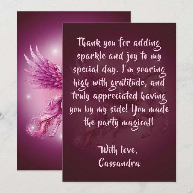 Tarjeta De Agradecimiento Diseño de fantasía de Pegaso rosa de cumpleaños (Anverso / Reverso)