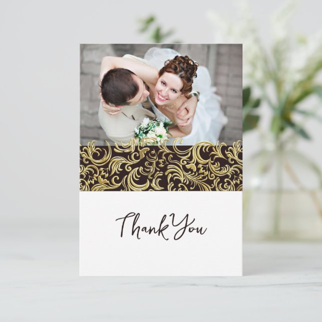 Tarjeta De Agradecimiento Diseño de lujo negro y oro con foto (Anverso de pie)