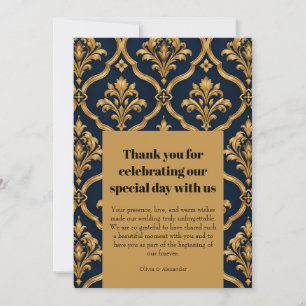 Tarjeta De Agradecimiento Diseño de Motivo Vintage de Damasco Dorado y Azul