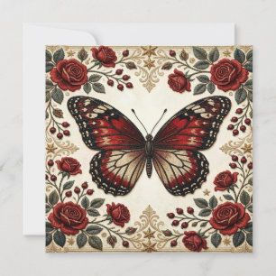 Tarjeta De Agradecimiento Diseño de patrón vintage de rosa mariposa roja ele