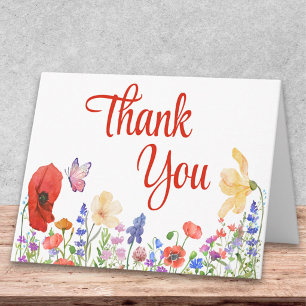 Tarjeta De Agradecimiento Diseño Floral de Amapola Mariposa Flor Silvestre