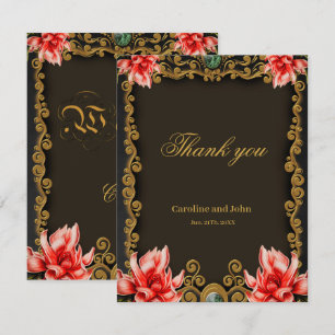 Tarjeta De Agradecimiento Diseño floral en oro y rojo real