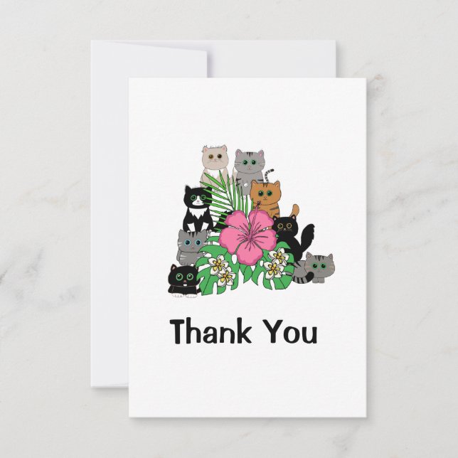Tarjeta De Agradecimiento Diseño floral rosa familia de gatos cúrcudos (Anverso)