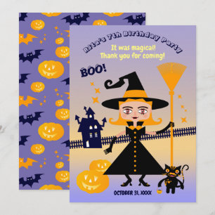 Tarjeta De Agradecimiento Disfraz de Halloween Niña Bruja Fiesta de Cumpleañ
