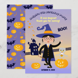Tarjeta De Agradecimiento Disfraz de Halloween Niño Mago Fiesta de Cumpleaño