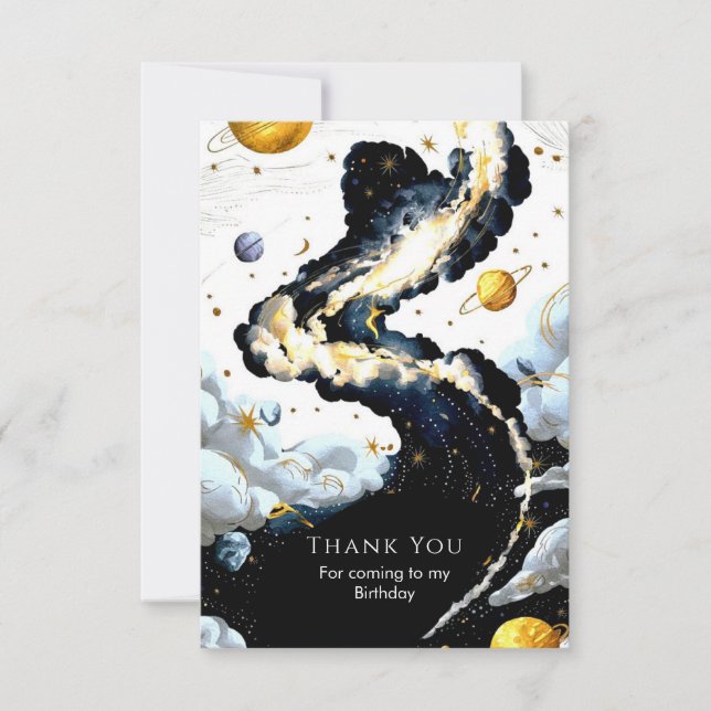 Tarjeta De Agradecimiento Diversión Cumpleaños Espacial Acuarela (Anverso)