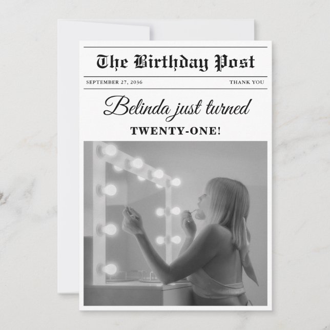 Tarjeta De Agradecimiento Diversión de periódico de cumpleaños Foto en blanc (Anverso)