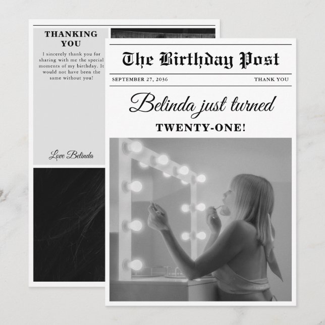 Tarjeta De Agradecimiento Diversión de periódico de cumpleaños Foto en blanc (Anverso / Reverso)