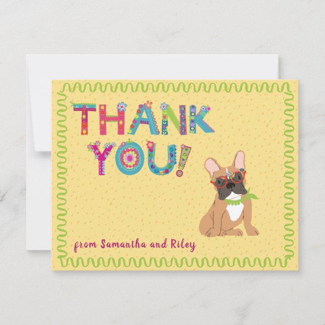 Tarjeta De Agradecimiento Divertidas letras florales de Bulldog francés lind (Anverso)