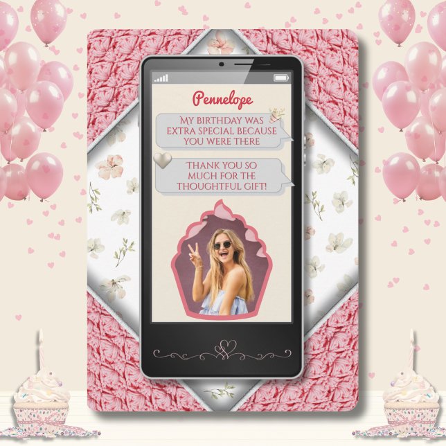 Tarjeta De Agradecimiento Divertido mensaje de texto de punto rosado Gracias (Fun Pink Knitted Text Message Thank You Cards)