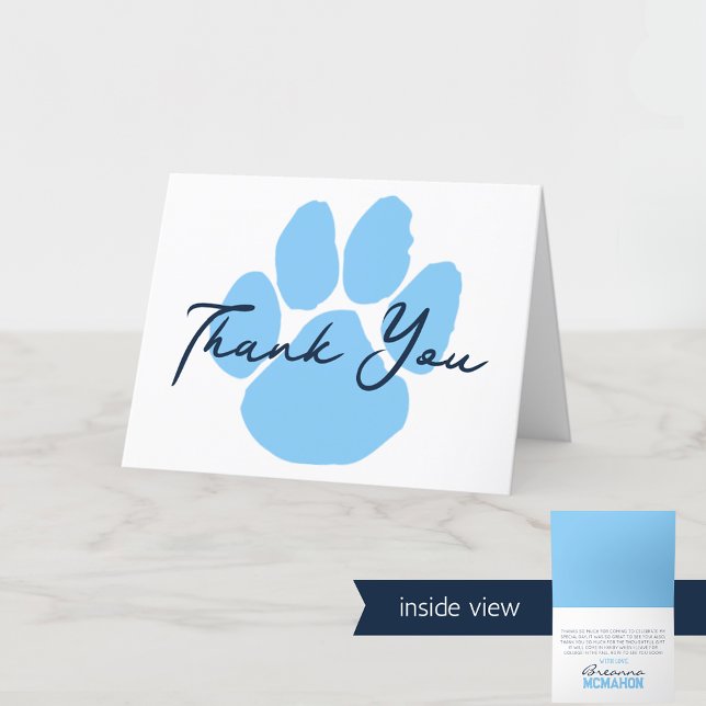 Tarjeta De Agradecimiento Doblado de graduación de la pezuña azul y blanca (Baby Blue, Navy and White Pawprint Folding Thank You Cards)