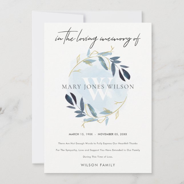 TARJETA DE AGRADECIMIENTO DOBLE AQUA AZUL FOLIAGE LLUVIA SIMPATÍA MEMORIAL (Anverso)