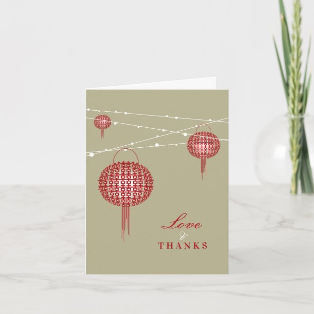 Tarjeta De Agradecimiento Doble felicidad Linternas rojas Moda Boda chino (Anverso)