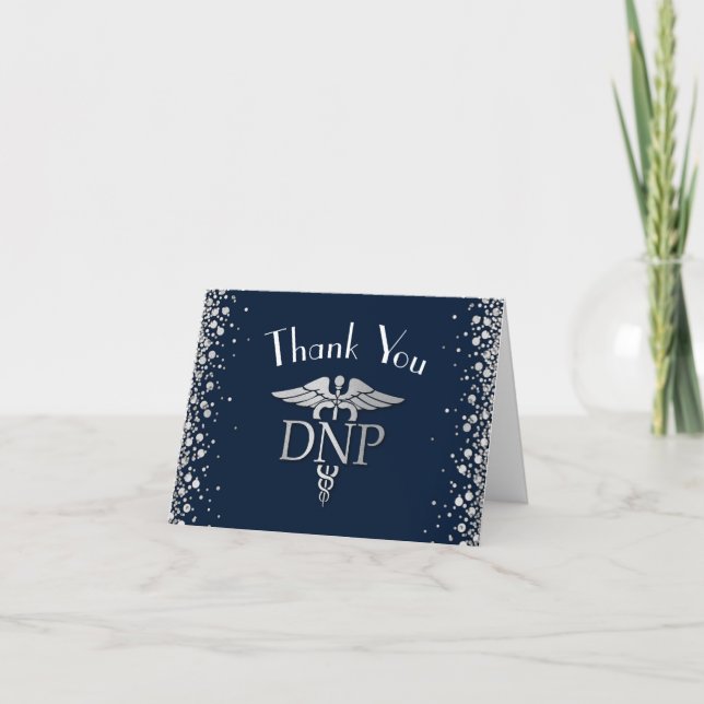 Tarjeta De Agradecimiento Doctor Nursing Practice Graduation NavyBlue Silver (Anverso)