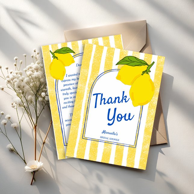 Tarjeta De Agradecimiento Dolce vita amarillo Lemons Ducha de novia italiana (Dolce vita handrawn yellow stripes Lemons Italian bridal shower Thank You Cards)