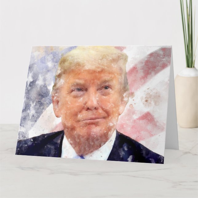 Tarjeta De Agradecimiento Donald Trump sonriendo con bandera estadounidense (Anverso)