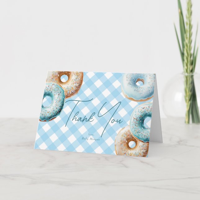 Tarjeta De Agradecimiento Donar | Blue Gingham Boy Baby Shower (Anverso)