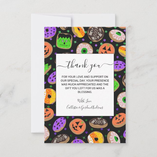 Tarjeta De Agradecimiento Donas de Halloween con Confeti y Brillo Divertidas (Anverso)